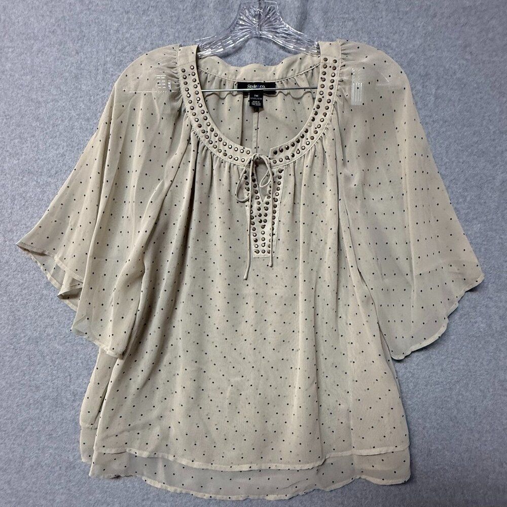 Style CO Tunic Top Women Size M Beige Black Polka Dot MISSING SOME STUDS